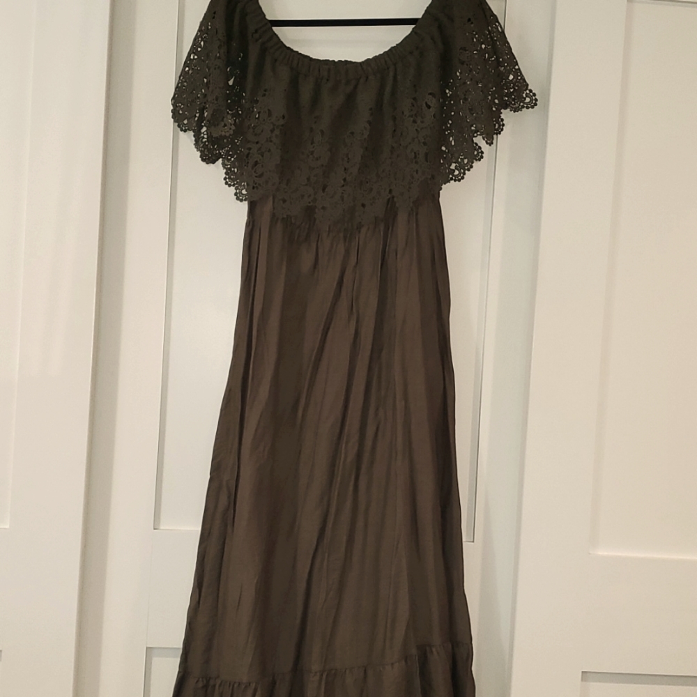 Dress, olive green, off shoulder, boho